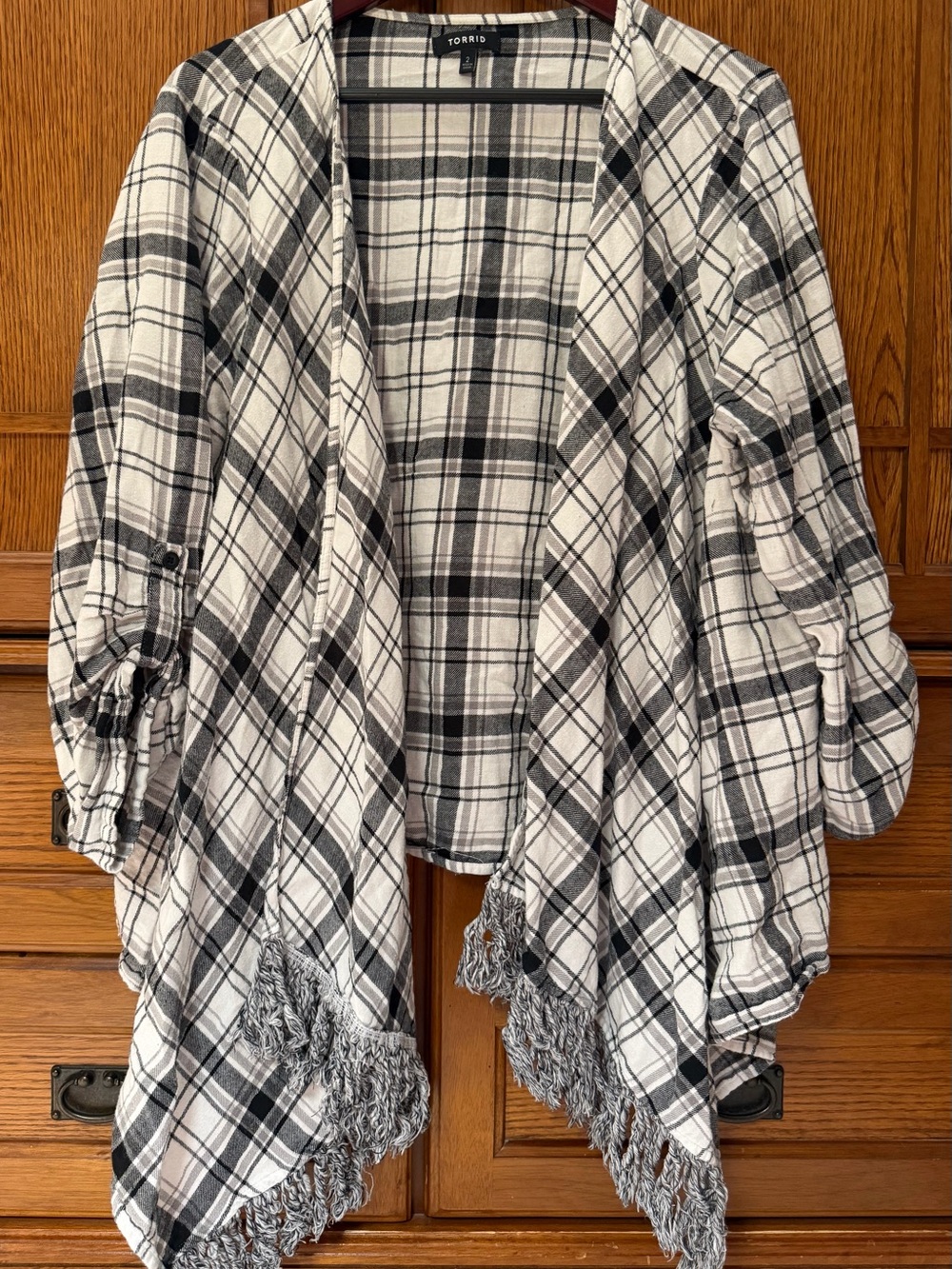Torrid Flannel Drape Front Plaid Fringe Hem Open Cardigan Layer Kimono Boho Vibe